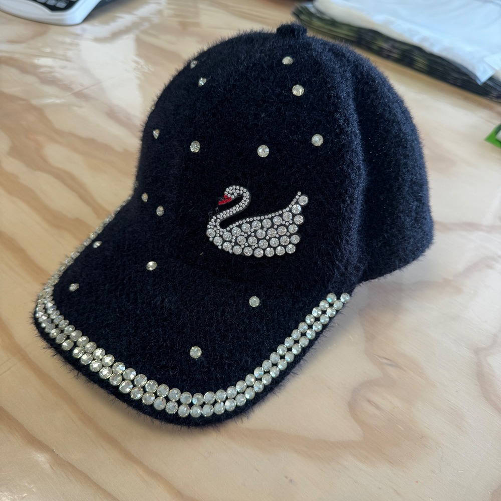 Boutique Black Fuzzy Rhinestone Swan‎ Baseball Cap Adjustable Crystal Bling Hat